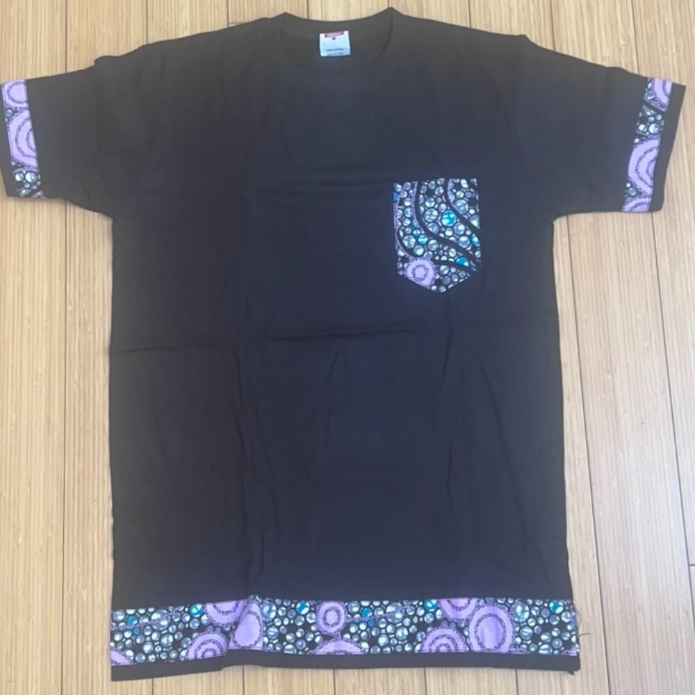T-Shirt Youth Unisex Black w/ Patterned Pocket & Trim Size Medium